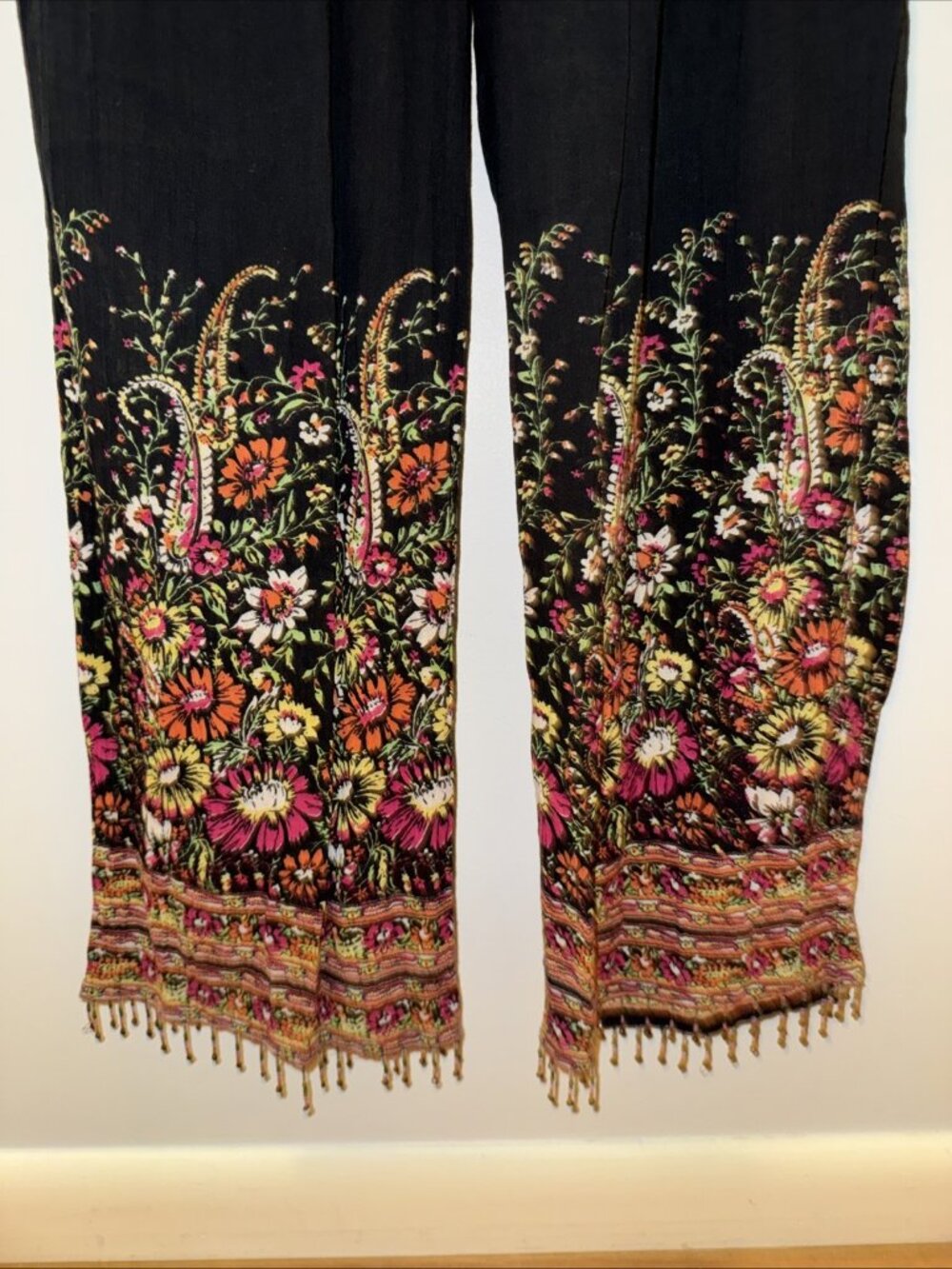 Coastal Living Beach Cotton Pants Black Floral Beaded Fringe Boho Retro Cotton